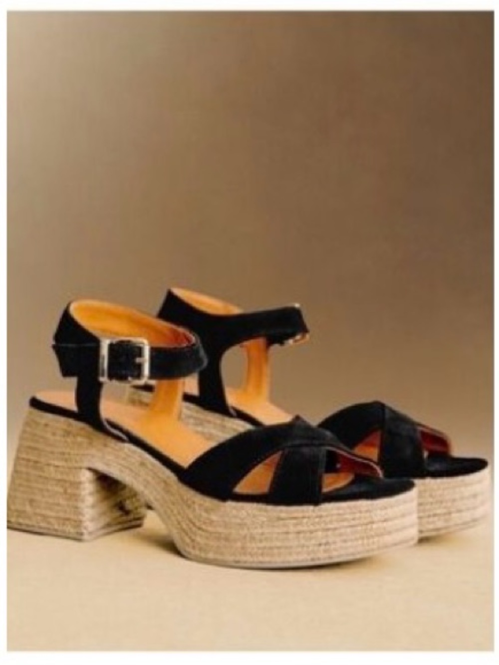 Sezane Black Suede Espadrille Platform Sandals - Women. Size 40
